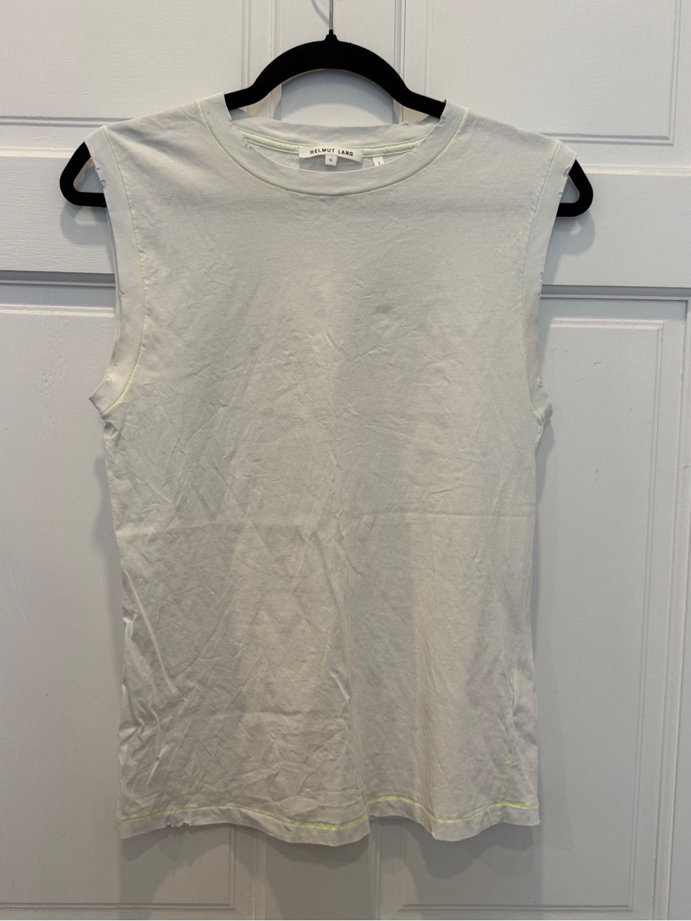 Helmut Lang White Muscle Tank S Distressed Neon Stitch 90s Minimalist Grunge